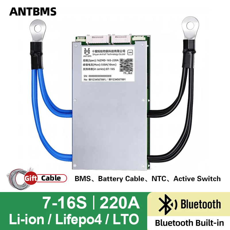 

ANT Smart BMS 7S-16S 24 В 36 В 48 В 60 В Lifepo4 литий-ионный BMS 220A пик 550A для электронных мотоциклов с Bluetooth и балансом