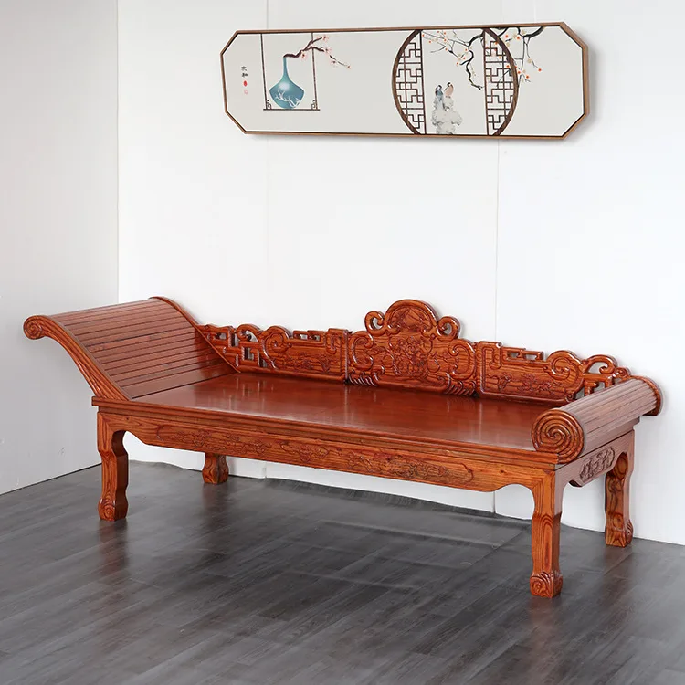 

Chinese solid wood concubine bed elm wood carving flower couch single arhat small apartment living room sofa reclining chair