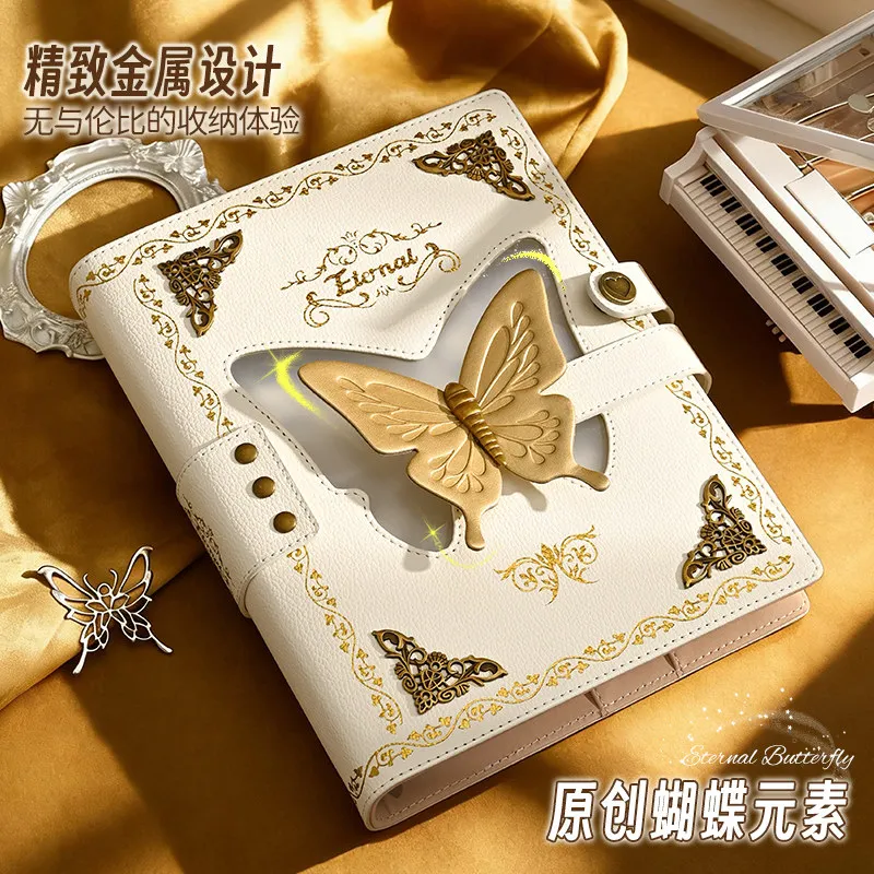 SINGBA Eternal Butterfly A5 Card Album, 4-Grid PU Leather Photo Storage Book for 3-inch Polaroid Cards, Vintage Retro Scrapbook