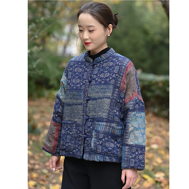 

2025 New Arrival Winter Women Warm Thickened Pocket Patchwork Parkas Casual Single Breasted Long Sleeves Cotton Linen Coats J135