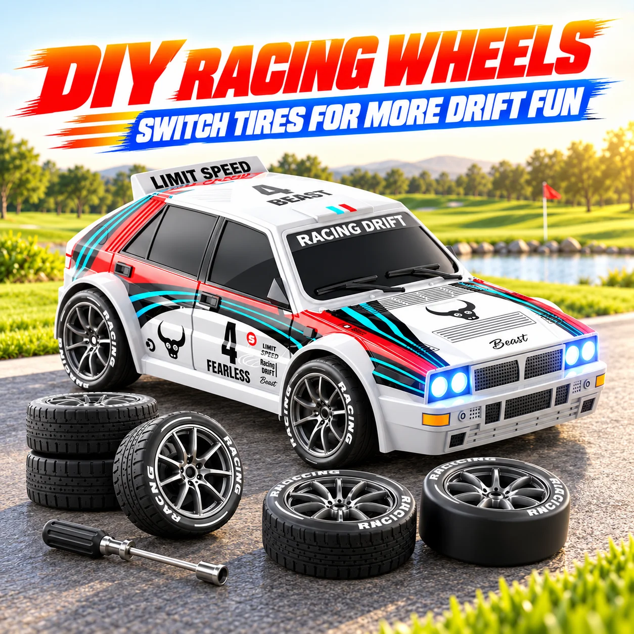 ZNLYRION RC Car Drifting Race Car 1:24 Scale 4 Wheel Drive 20km/h Adjustable High/Low Speed With Spare Drift Tires LED Headlight Taillight RC Toy For Boys Adult