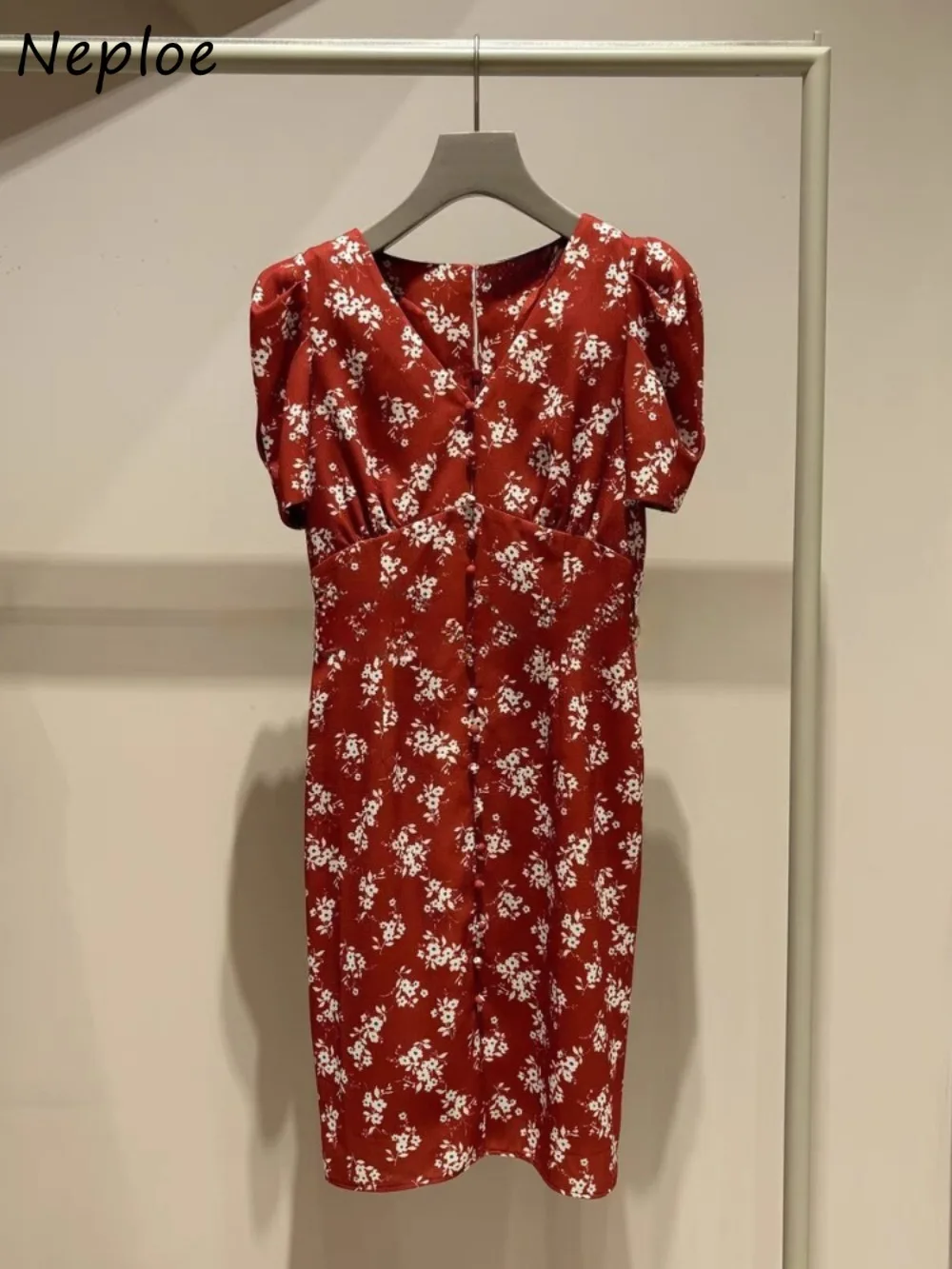

Neploe Cute Celebrity V Neck Temperament Robe Puff Sleeve Print French Style Gentle Mujer Japan Bodycon New Literary Dresses