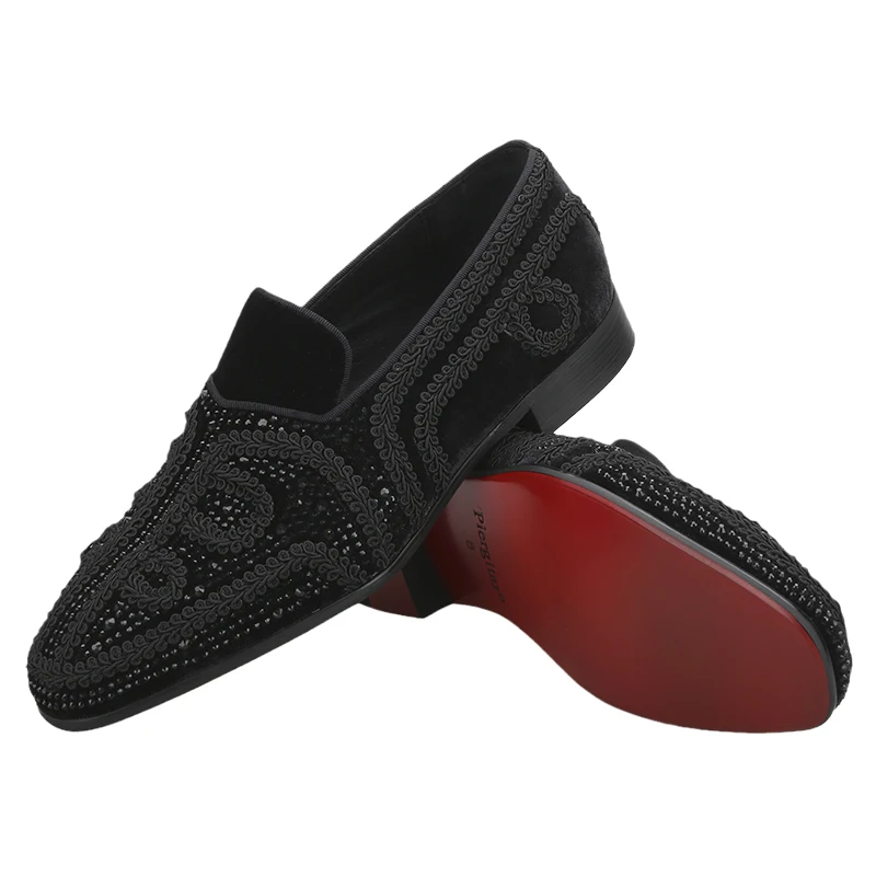 Piergitar Black Velvet With Handmade Chinese Knot Applique And Crystals Men's Loafers CL Same Design Slip-On Flats Red Outsole