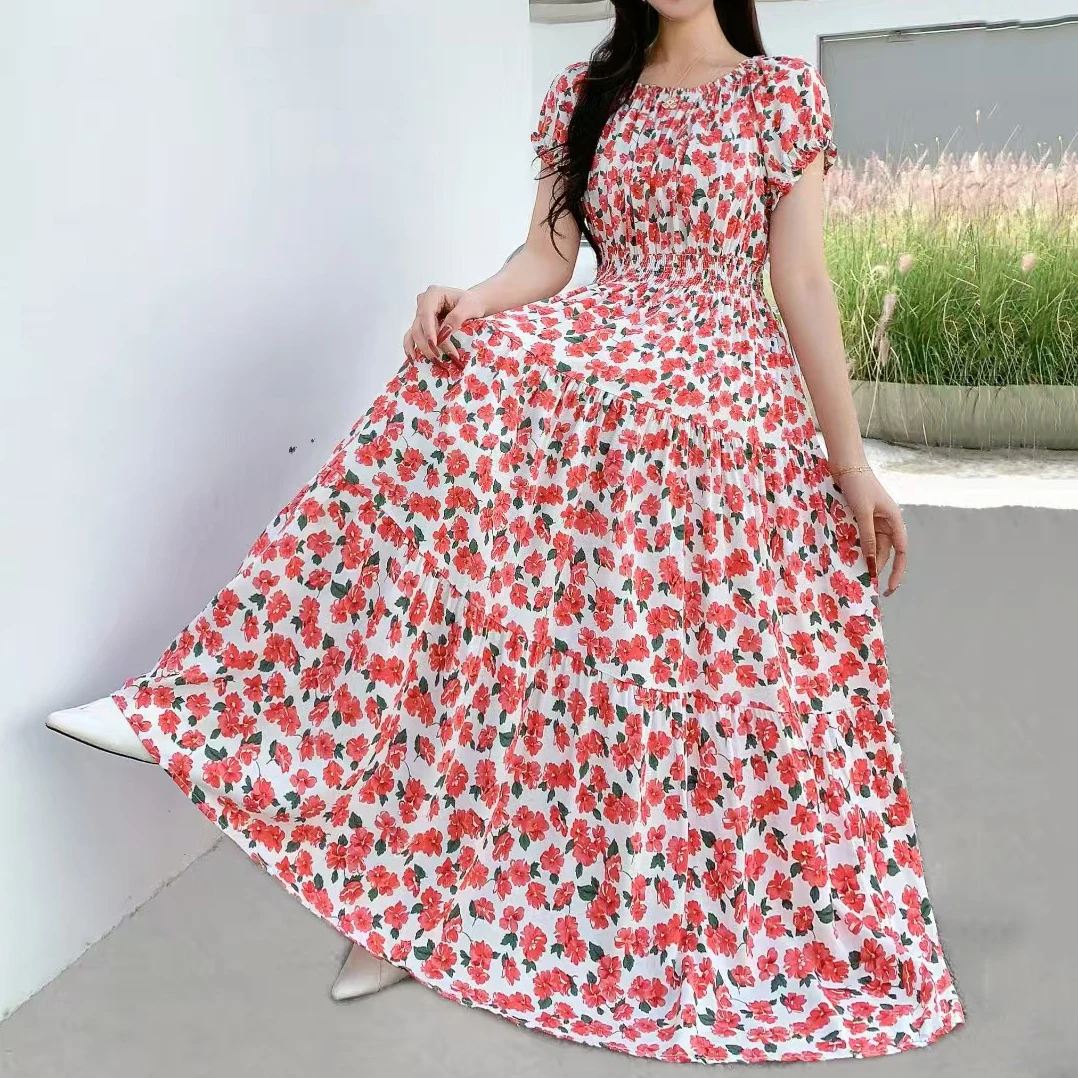 Abito estivo con scollo a barchetta per donna Abito floreale sottile Abiti lunghi Boho Abiti indiani bohémien Abiti casual alla moda coreana