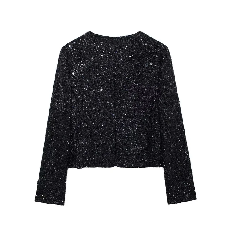 Autumn Women's Sequins Textured Blazer 2024 New Casual Fashion Long Sleeve Jacket Short Elegant Black Coat Women's Clothes