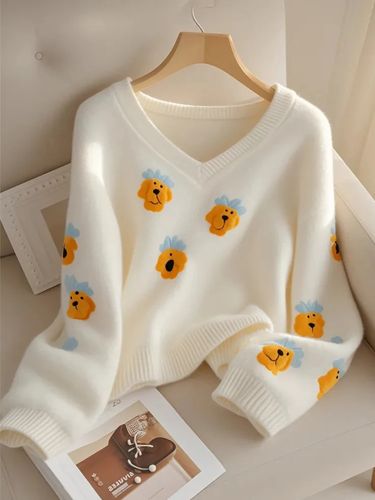 Cute Dog Print Sweaters Women Soft Sweet V Neck Knitted Pullovers Tops Japan Kawaii Preppy Style Long Sleeve White Jumpers