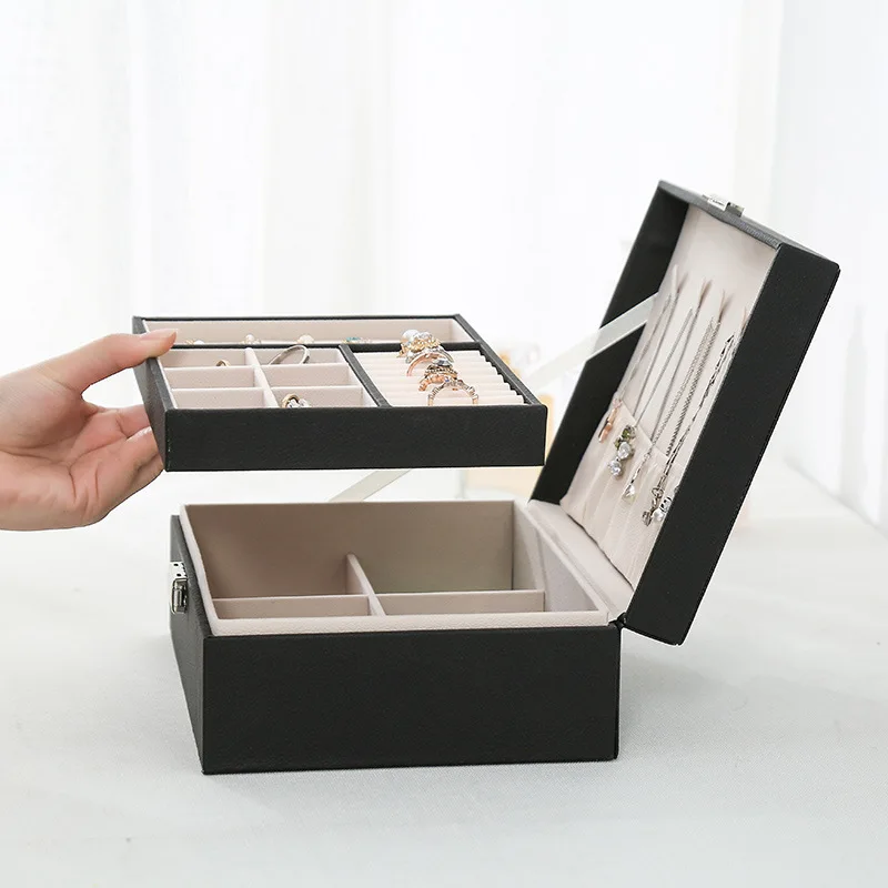 Caja de joyería de madera de doble capa, caja de anillo, cajas de joyería y embalaje con organizador de almacenamiento de joyas de cuero PU y estuche de maquillaje