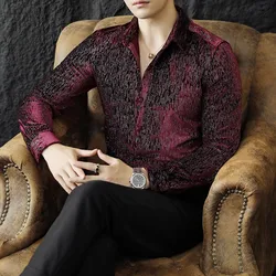 Luxury Long Sleeved Velvet Sequins Shirt Men Streetwear Lapel Social Tuxedo Blouse Men Wedding Club Disco Slim Male Shirts 4XL-M