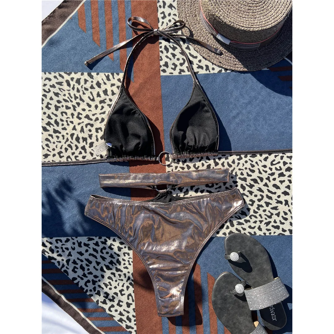 Neuer Halter-Badeanzug aus Kunstleder für Damen, High-Waist-Bikini, zweiteiliger Bikini-Set, Badebekleidung, Badeanzug, Modell V4389 – Detail 10