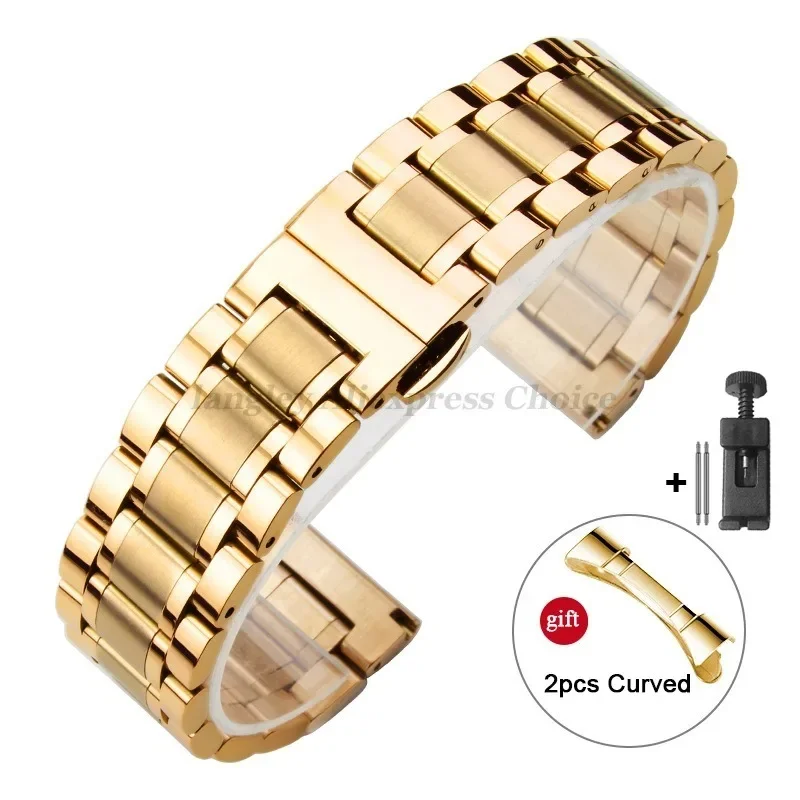 qinband Universalarmband aus massivem Edelstahl mit gebogenem Ende, 12/13/14/15/16/17/18/19/20/21/22/23/24 mm, Uhrenarmbänder für Tissot-Schmetterlingsverschluss 6