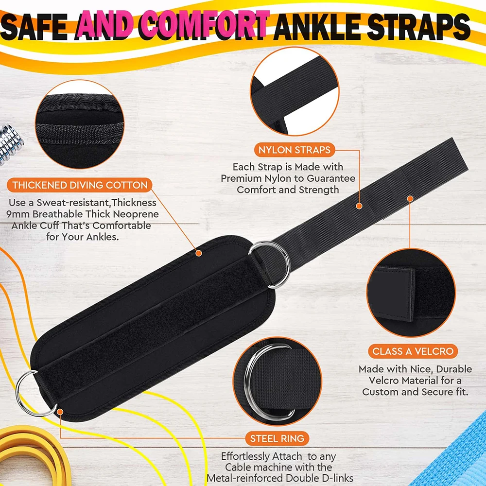 Ankle Strap for Cable Machine Attachments Double D-Ring Adjustable Neoprene Padded Cuffs Gym Ankle Cuff Booty Hip Exercise