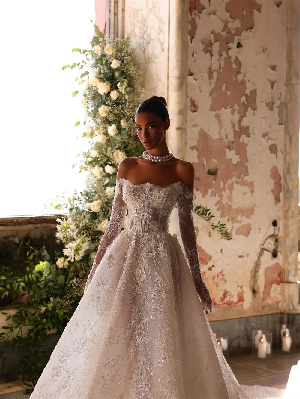 

Customized Elegant White Organza Wedding Dress Formal Strapless Long Sleeves Bridal Gown Boho A-Line Chapel Train Robe de mariée