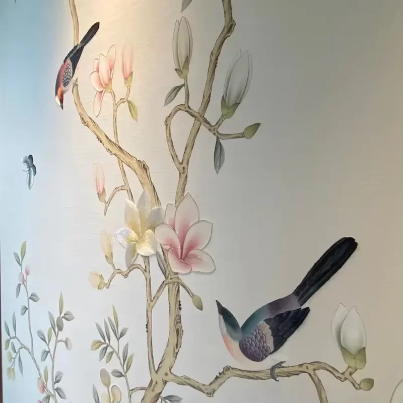 Hand Painted Magnolia Flowers Birds Design Hand Painted Silk Chinoiserie Wallpaper for Living Room