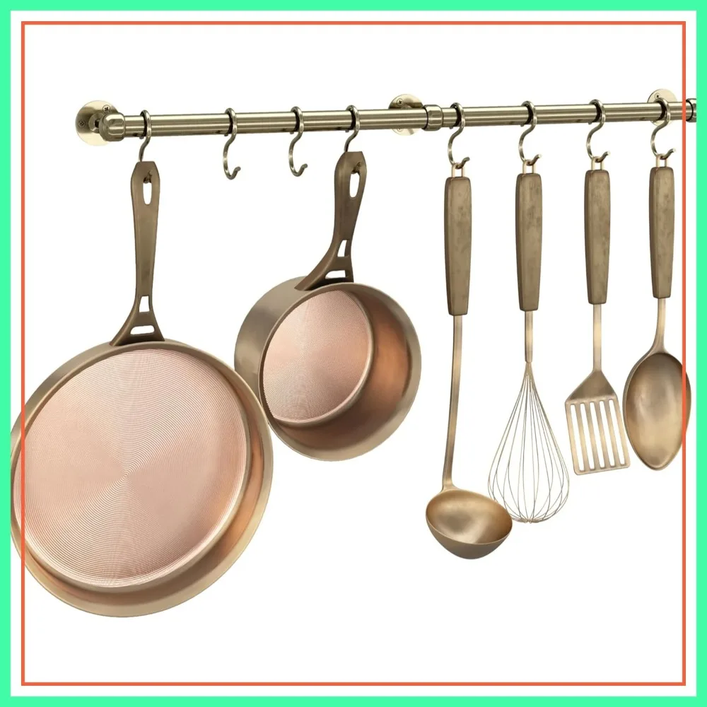 

23.7 Inch Stainless Steel Hanging Pot Rack with 8 S Hooks, Wall Mounted Heavy Duty Kitchen Rail, Antique Brass