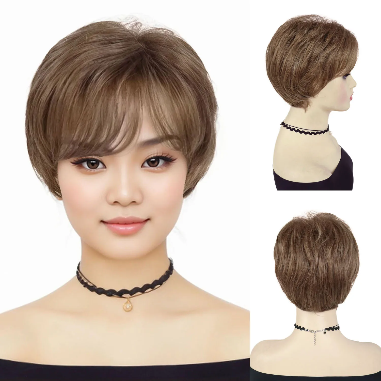 

Synthetic Brown Wigs for Women Natural Short Pixie Cut Wig with Bangs Heat Resistant Daily Wear Old Lady Hair Replacement Wig