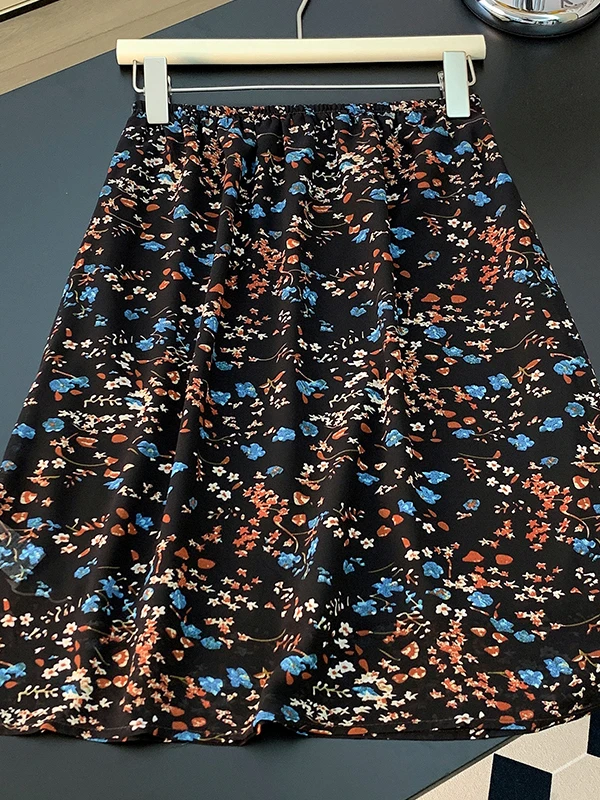 Summer Floral Print Midi Skirt Women's plus Size Design Sensation Retro Style Slimming A-Line Skirt Korean Style Casual Wear