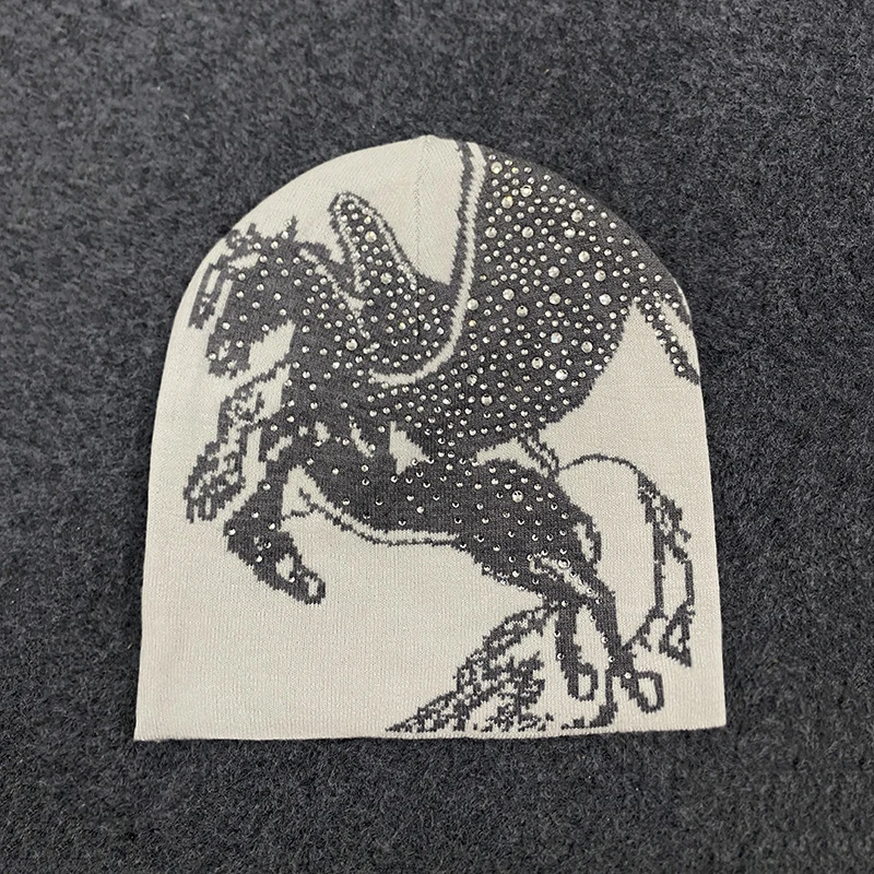 Vintage Style Jacquard Pegasus Pattern Knitted Hat Diamond Decoration Windproof and Warm Hip-hop Autumn and Winter New Y2K