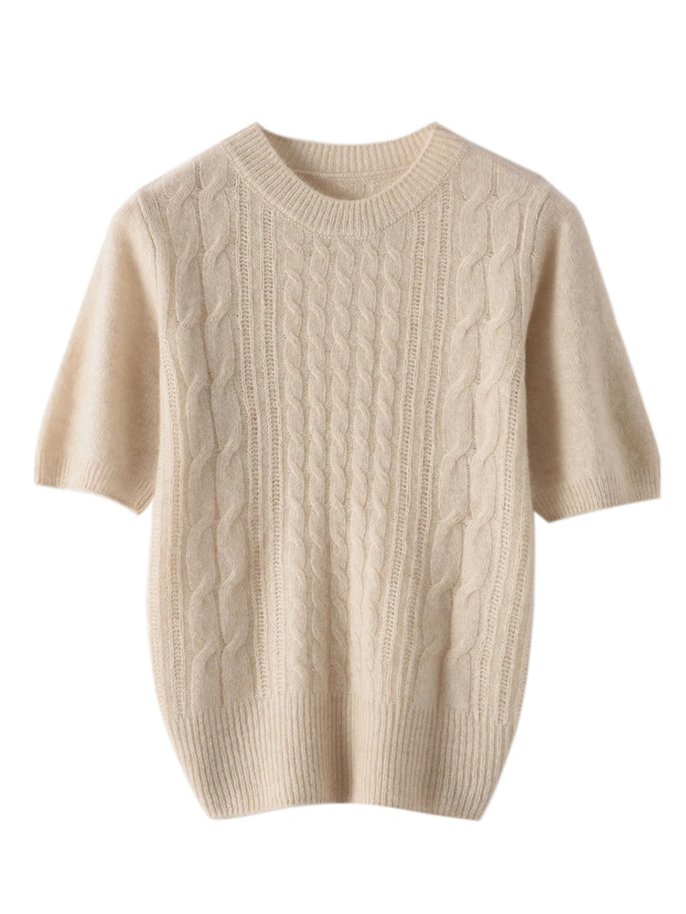 High-end Women Cashmere Sweaters O-neck Half-Sleeve Twist Pullover T-shirt 100% Cashmere Knitwear Spring Summer Female Tops