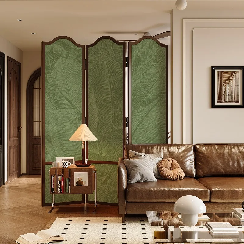French retro green living room screen partition entry solid wood door mobile folding sofa background corner entrance