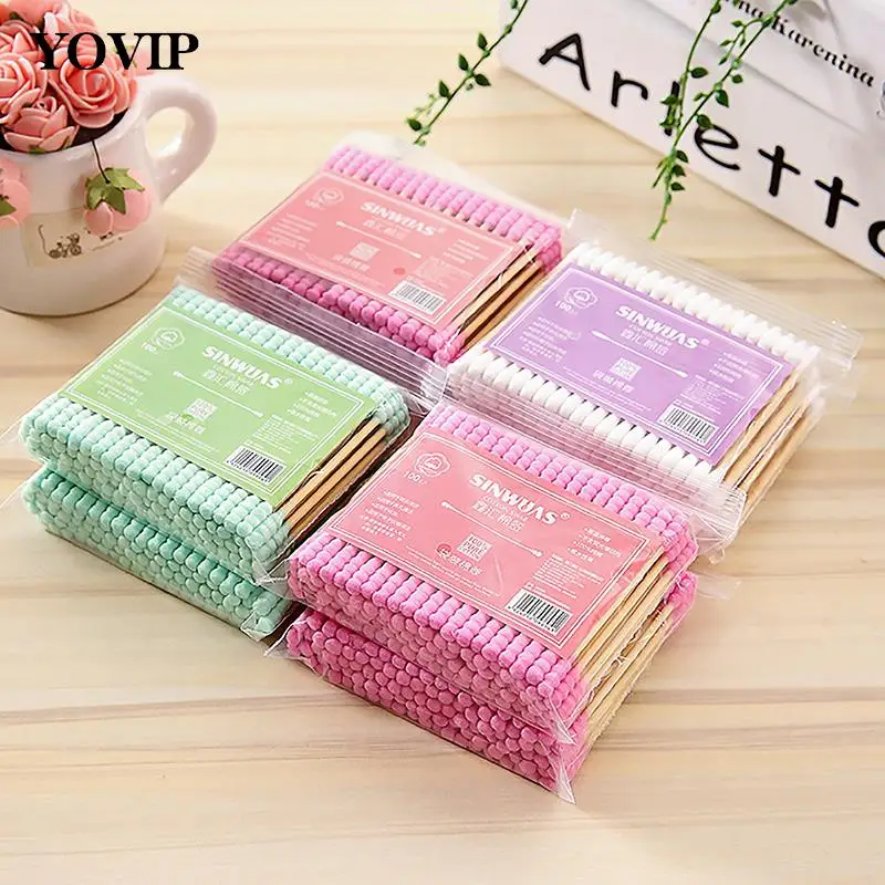 100pcs Women Makeup Cotton Buds Tip For Medical Wood Sticks Nose Ears Cleaning Health Care Tools Double Head Cotton Swab