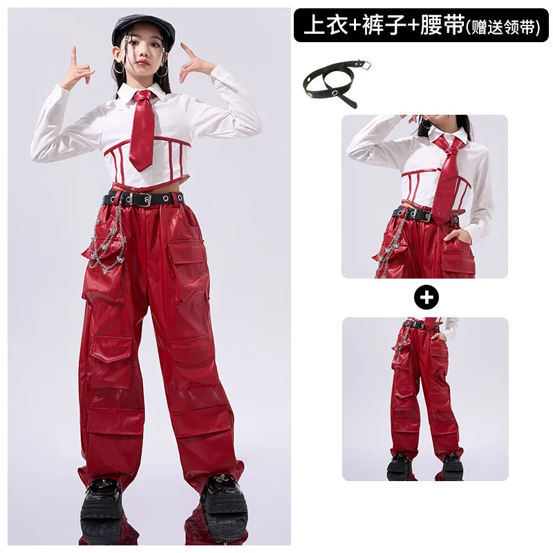 Mädchen Hip Hop Crop Top Pu Leder Cargo Hosen Kind Schuluniform Kostüme Kinder Streetwear Jazz K-pop Street Dance kleidung Sets – Detail 10
