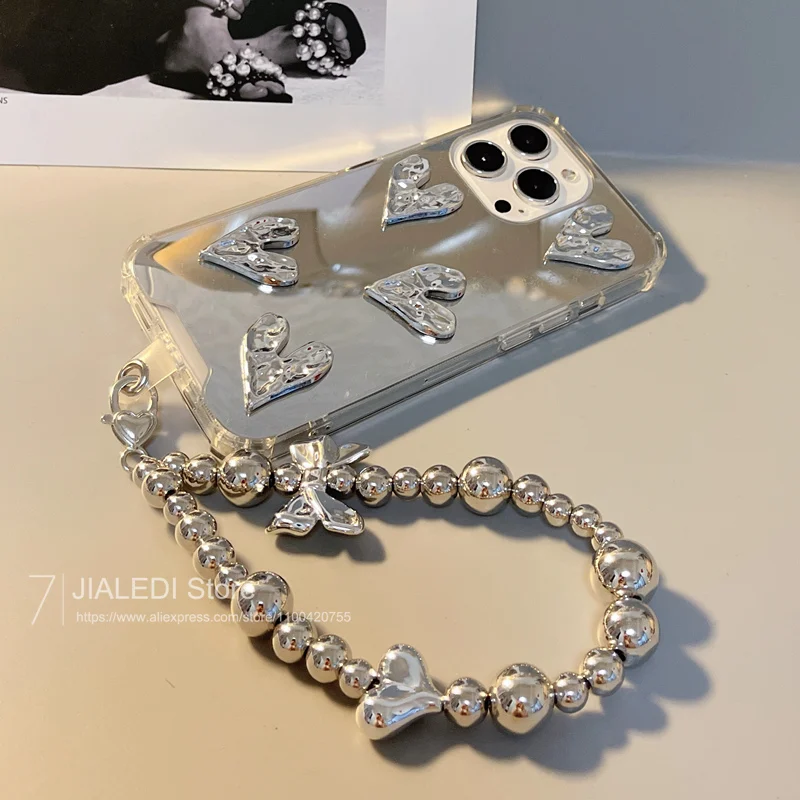 Bow Bracelet Chain Love Mirror Phone case For iPhone 15 14 13 12 11 Pro X XS Max XR 7 8 Plus Shockproof Protection Cover