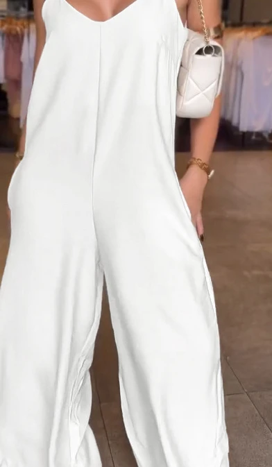 Pantalones generales para mujer, mono holgado liso con correa ajustable, mono de pierna ancha, mono informal holgado