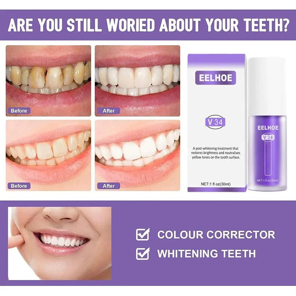 3Pcs Teeth Whitening Purple Toothpaste Remove Teeth Fresh Corrector Brightening Stain Oral Breath Color Whitening Care