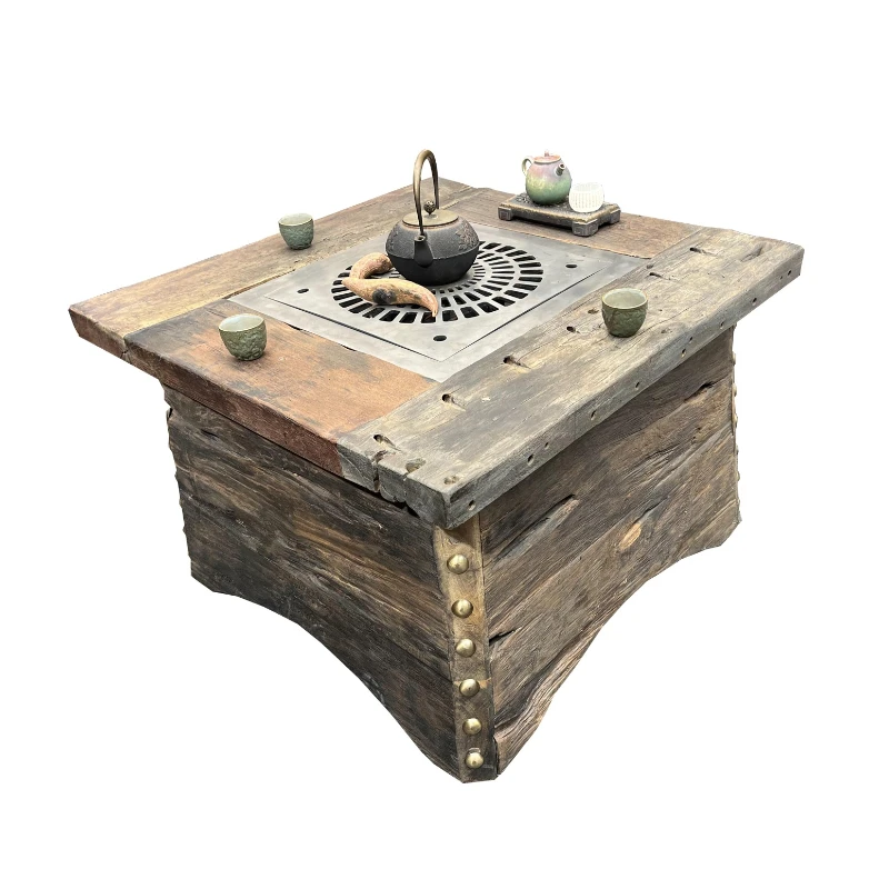 

Old boat wood square stove tea table indoor household garden barbecue ta ble c ast iron brazier char coal