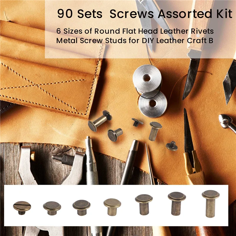 AC23-90 Sets Chicago Screws Assorted Kit, 6 Sizes Of Round Flat Head Leather Rivets Metal Screw Studs For DIY Leather Craft