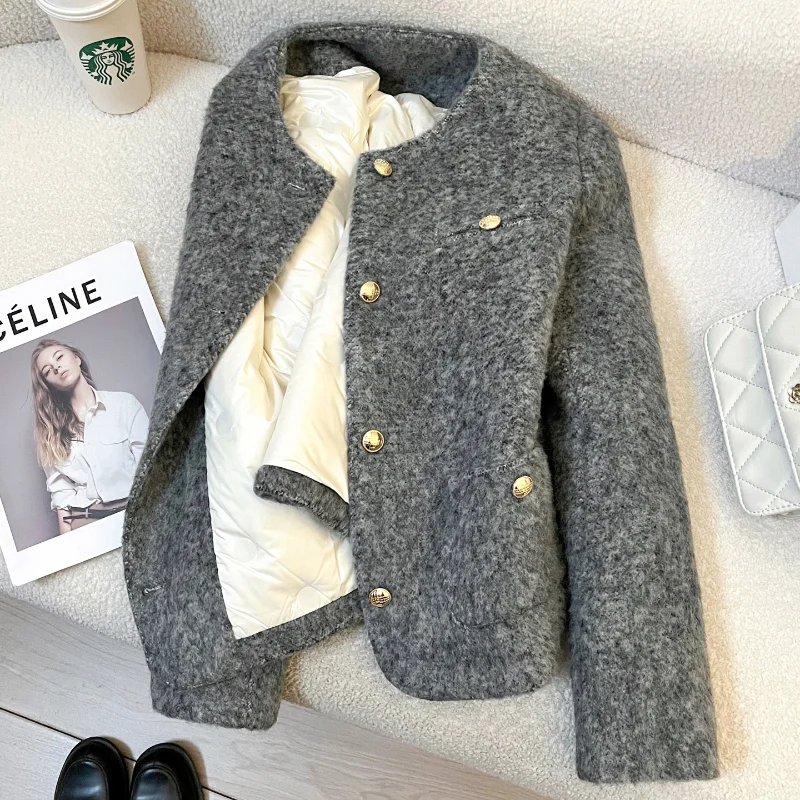 Grey Small Fragrant Short Jacket for Women Winter Down Inner Fashionable French Lady Chic Long Sleeved tweed Short Jacket