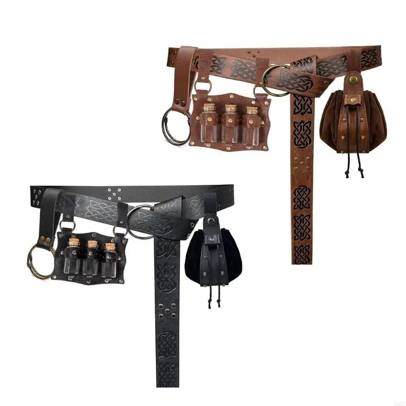 

39BC Punk Embossed Waist Pack Set Adjustable Belt PU Leather Unisex Black/Brown