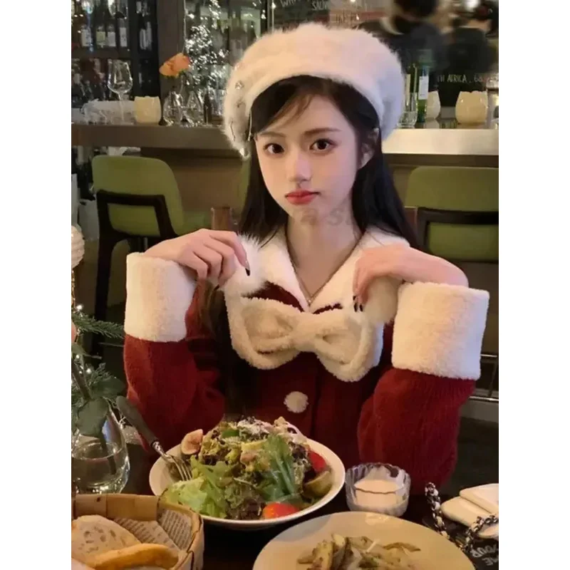 جديد 2025 فستان أحمر دافئ للشتاء والكريسماس للنساء بفيونكة محبوكة كورية كلاسيكية صغيرة حلوة بأكمام طويلة فستان فرنسي عتيق ☆ ★ ☆ ★ كيو أوم [8