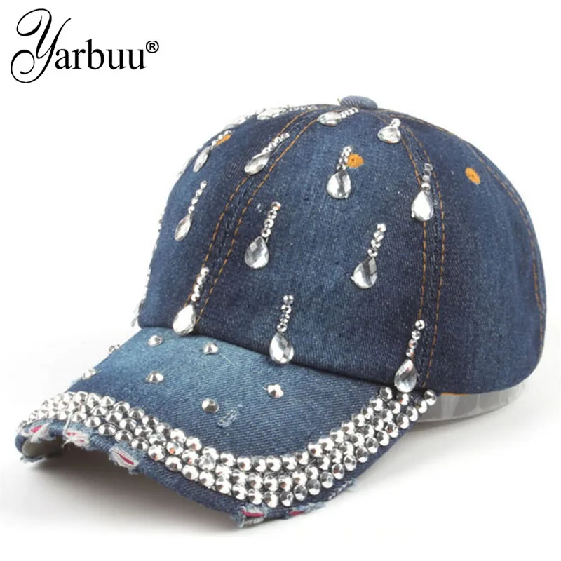 

[YARBUU] New Fashion Four Seasons Baseball Cap For Women Casual Hat Water Droplet Denim Gorras Rhinestone Caps Casquette Hats