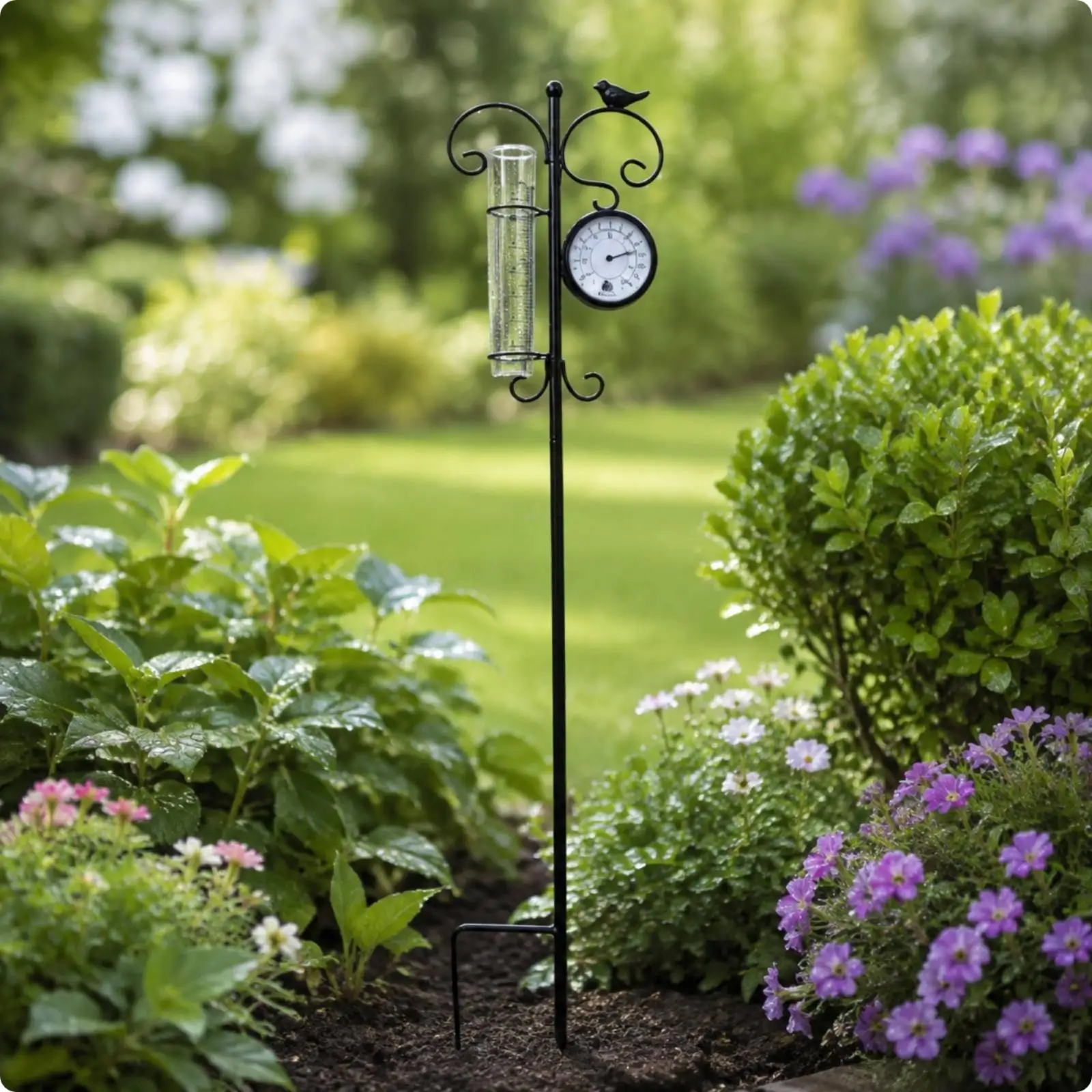 Metal Garden Stake with Rain Gauge and Thermometer Easy to Read Decorative Bird Silhouette Weather Stake Sturdy Decorative