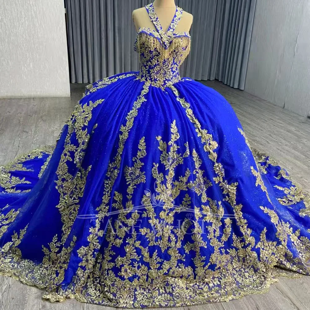 

Настраиваемое сексуальное синее вечернее платье с лямкой на шее и открытыми плечами, на шнуровке сзади, расшитое бисером и блестками, халат для Luxe 2022, Soirée