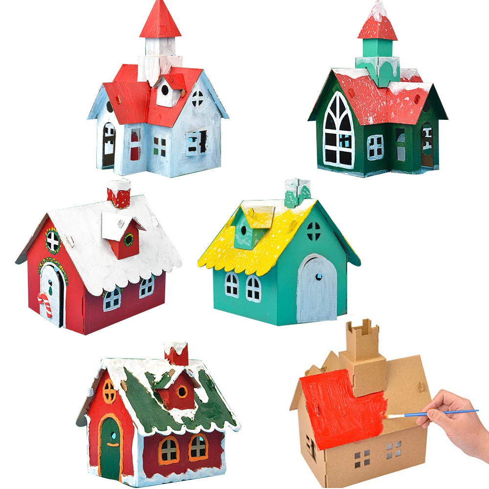 1set Christmas DIY Paper House Corrugated Board Villa Manor Castle Sets Xmas Party Birthday Decoration Kids Gift Home Supplies