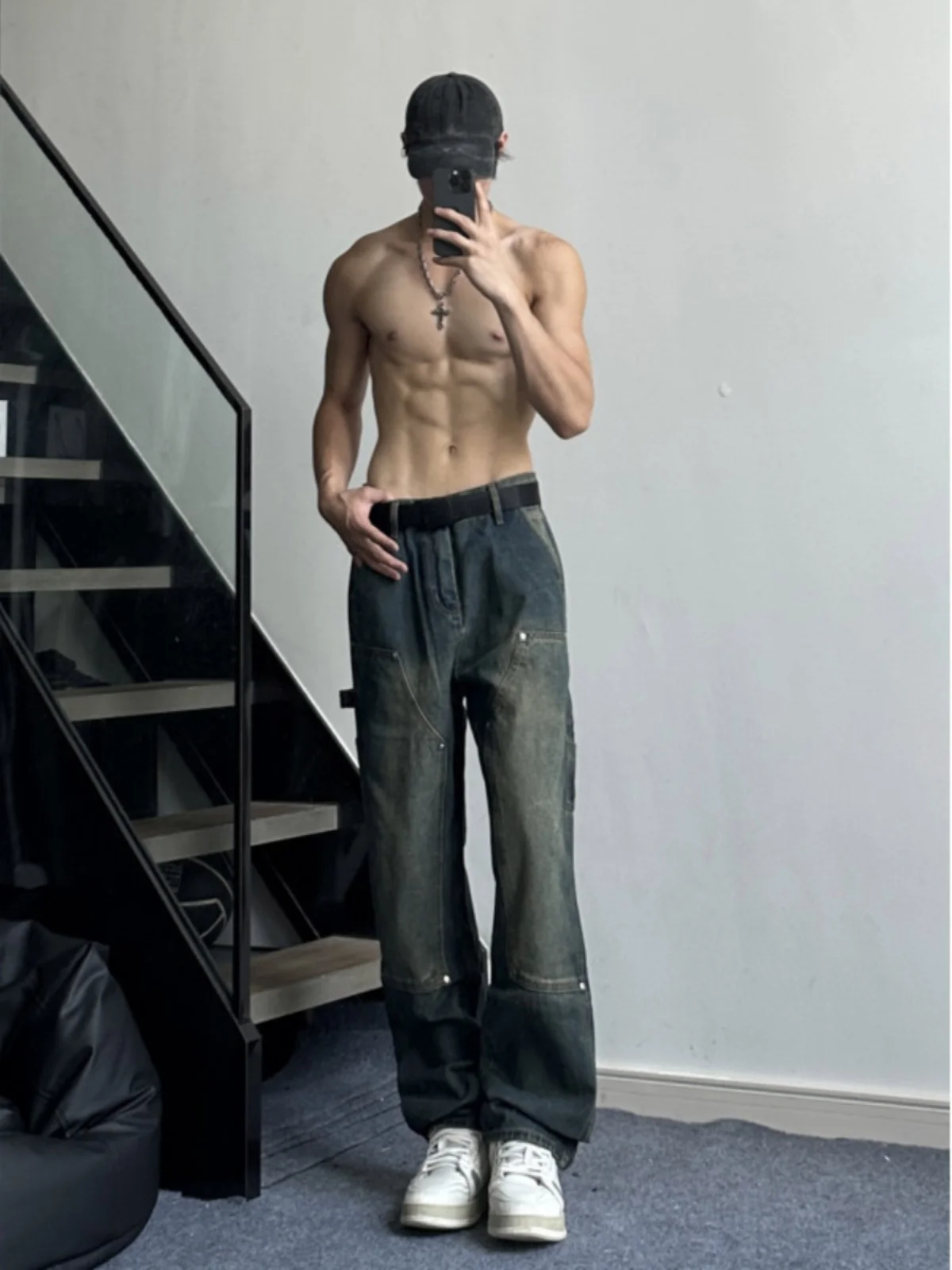 

American Sle Retro Men's Jeans High Waist Straight Leg Double Knee Logging Pants Heavyweight Extended Workwear Trousers