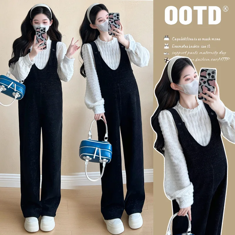 

2024 Maternity Clothes Set Pregnant Woman White Blouse+ Corduroy Overalls 2pcs Long sleeve Shirt Fleece-lined Pants Fashion Suit