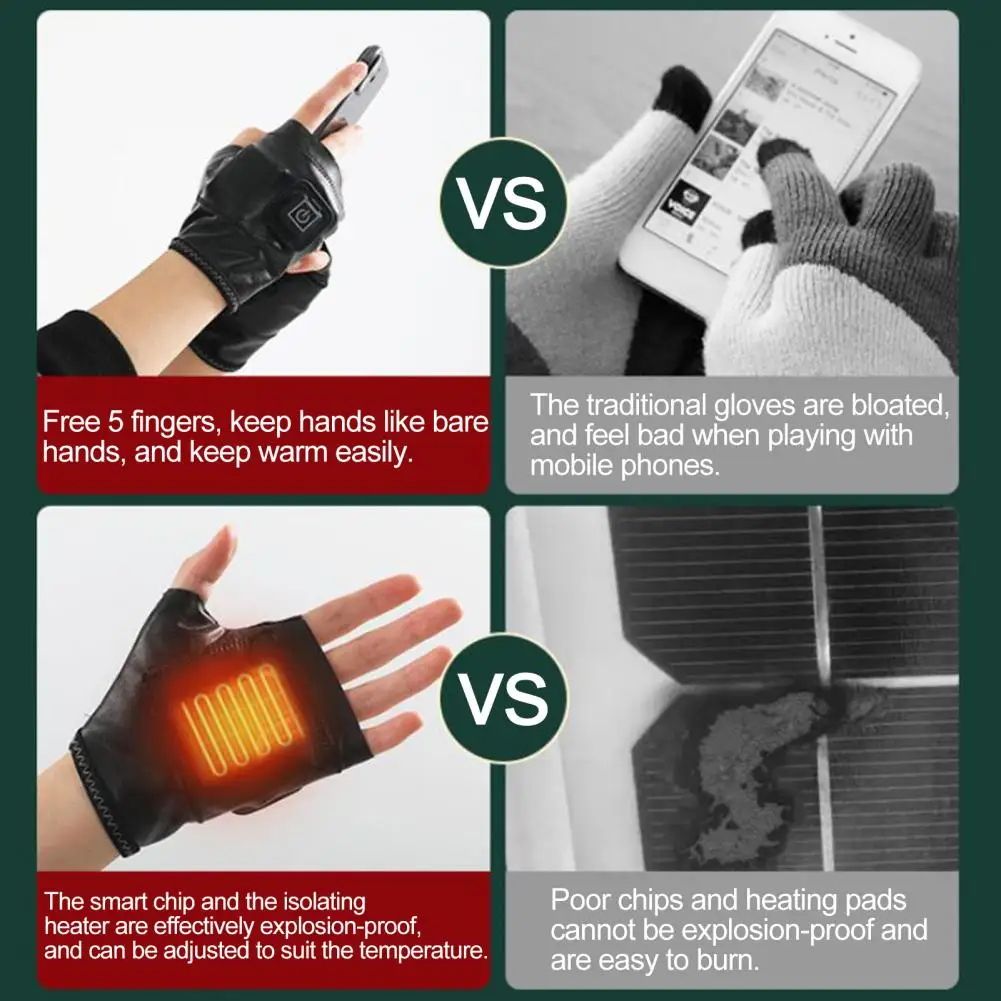 Thermal Gloves 1 Pair Soft Overheat Protection 5V/0.5A Half Finger Electric Heating Gloves for Office