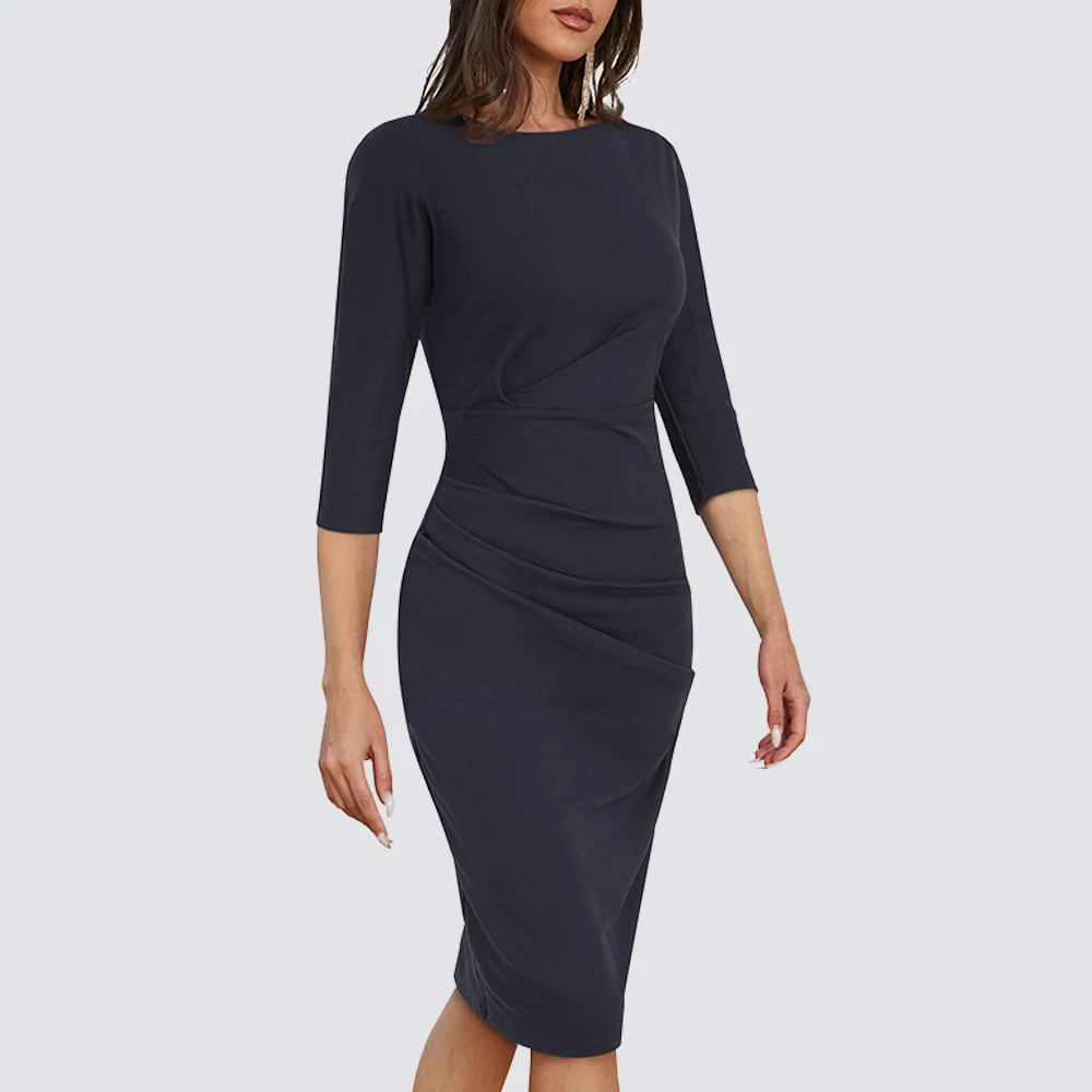 Women Elegant Charming Round Neck 3/4 Sleeve Ruched Lady Bodycon Office Pencil Dress HB717