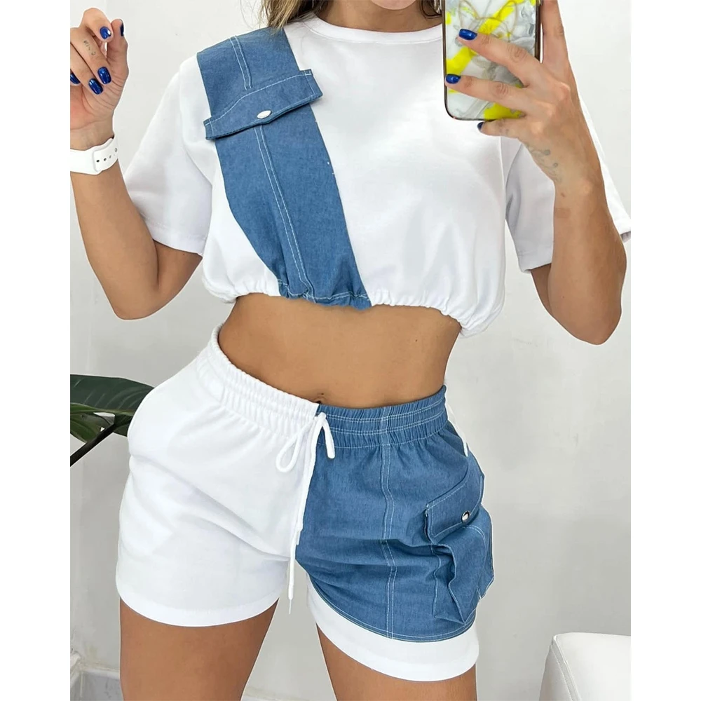 Women Denim Patch Top & Drawstring Shorts Set Female O-Neck Short Sleeve 2 Piece Casual Summer Outfits Clothing