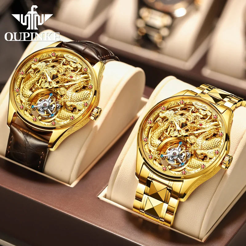 OUPINKE-Tourbillon Automatic Mechanical Watch for MenOriginal Top Brand 5Bar Waterproof Sapphire Mirror Gold Dragon Wristwatches