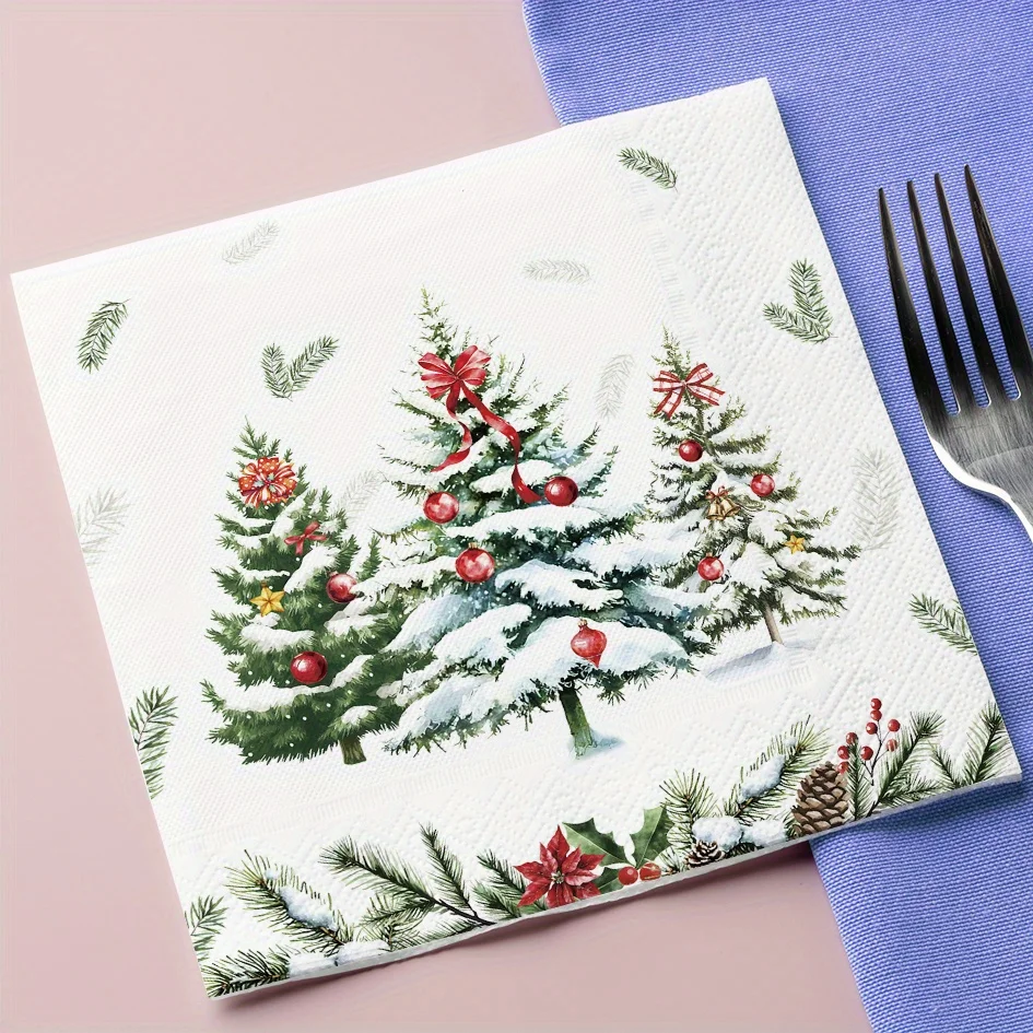 20pcs White Printed Christmas Napkins Christmas Tree Elk Printed Tissue Disposable Festive White Napkins Christmas Decorations