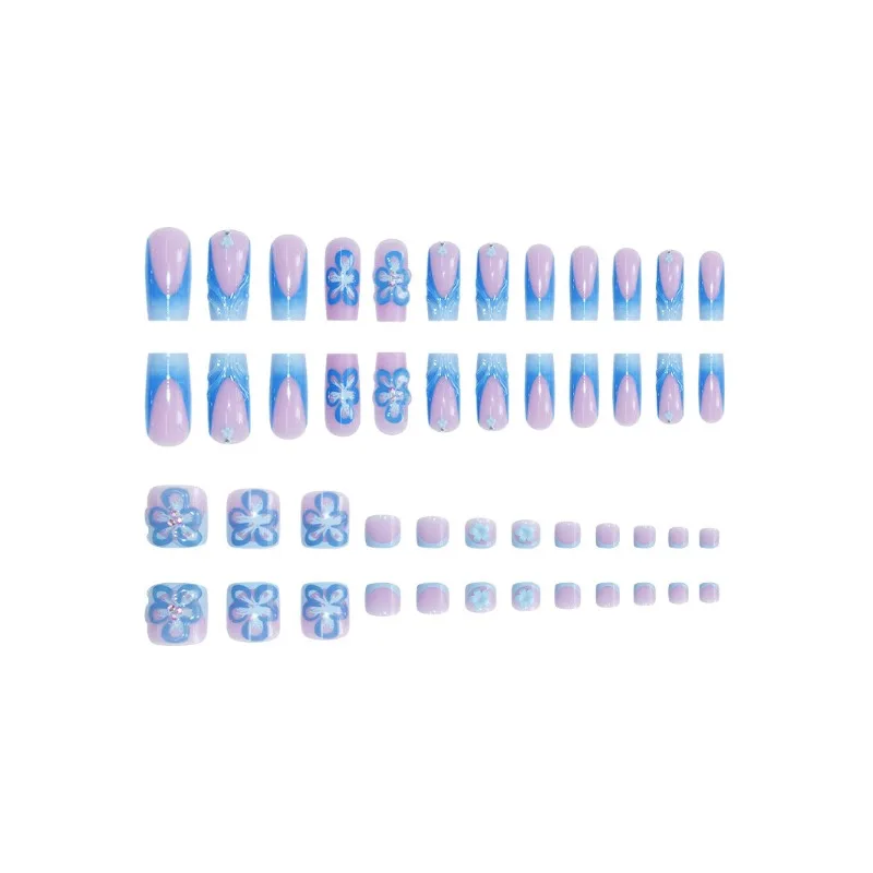 48 Pcs/2 Sets Fingernail and Toenail False Nails Press on 3D Flower Blue Press on Nails Medium Long Square Summer Nail Tips 2025