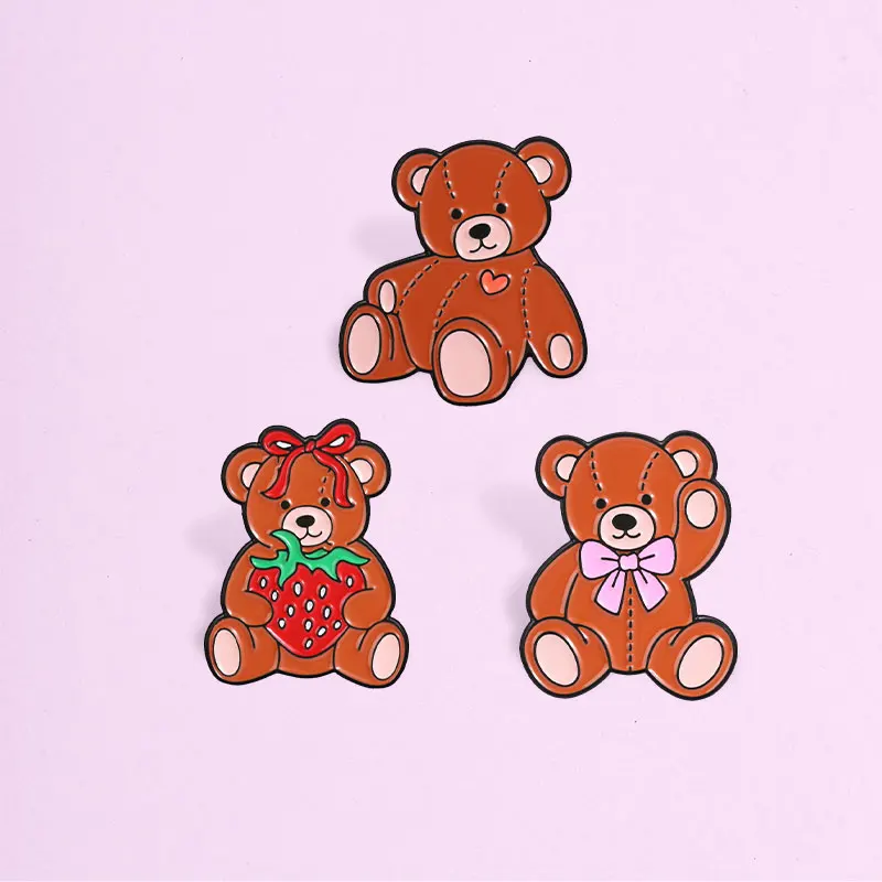 Cute Teddy Bear Strawberry Bow Enamel Badges Set Brown Bear Heart Fruit Alloy Brooches Lapel Backpack Jewelry Gifts For Girl