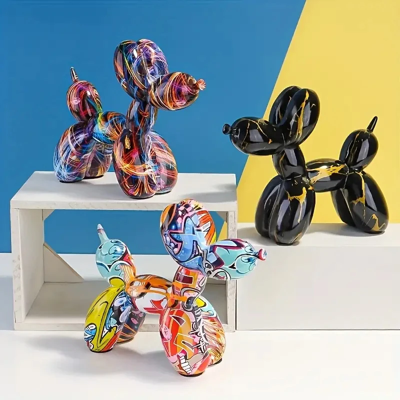 Graffiti Balloon Dog Plastic Sculpture Colorful Puppy Figurine Modern Home Decor for Living Room Bedroom Tabletop Ornament