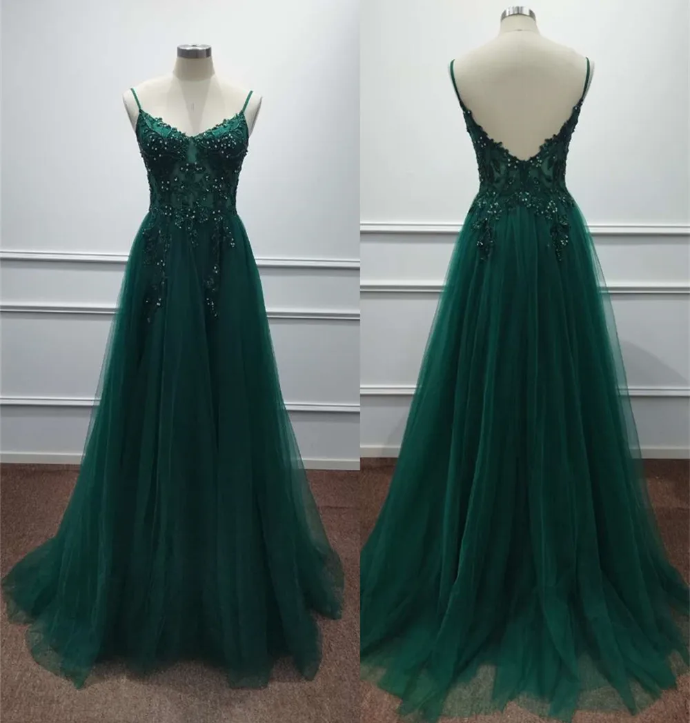 Sunnye New Fairy Dark Green Tulle Evening Dress Sparkly Lace Appliques Prom Dress Spaghetti Straps vestidos de fiesta فساتين سهر