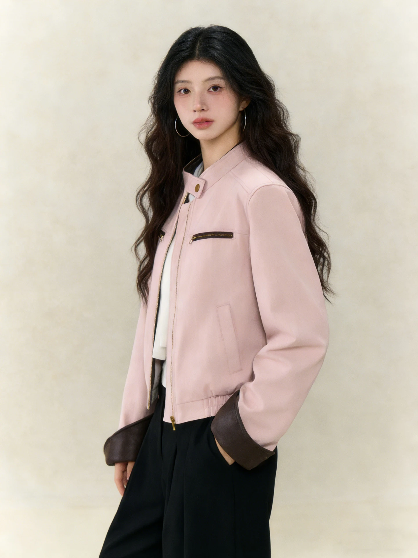 한국 스타일 핑크 스탠드 칼라 PU 가죽 재킷 여성용 2026년 봄 신상 컬러 콜리온 아우터웨어 탑