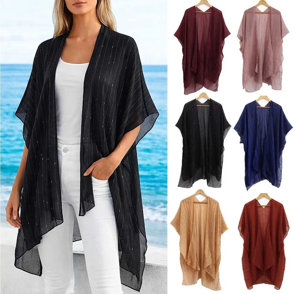 Elegant Lightweight Women Tulle Shawl V-Neck Cardigans UV Protection Beach Cover Up Breathable Sun Protection Scarf Daily Wear